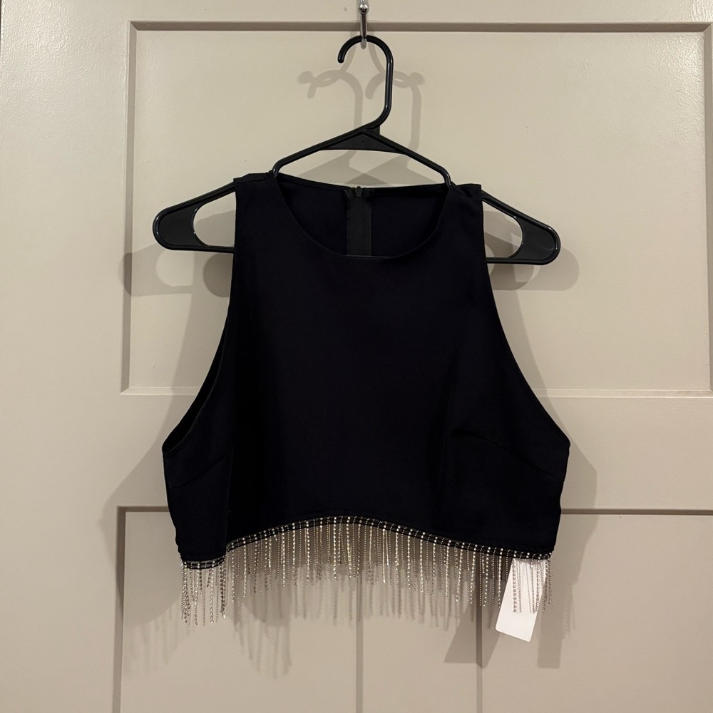 Black Crop Top with Silver Fringe